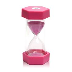 an hourglass with pink sand inside on a white background