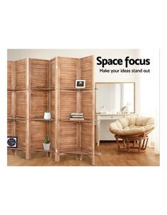 a room divider made out of wood with the words space focus written on it