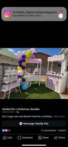 an advertisement for a birthday party with balloons on the table and cake stand in the background