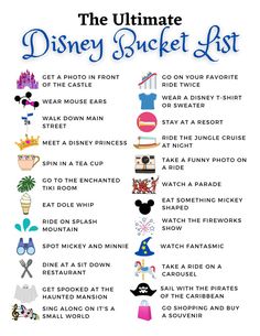 the ultimate disney bucket list is shown in blue and white, with images of characters