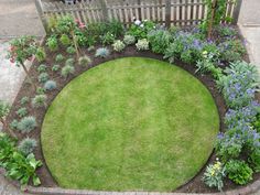 a circular garden bed in the middle of a yard