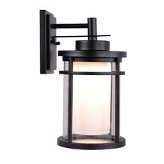 an outdoor wall light with a black finish and white glass on the front, against a white background