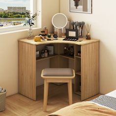 a bedroom with a desk and chair next to a window