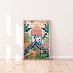 there is a peacock painting on the wall