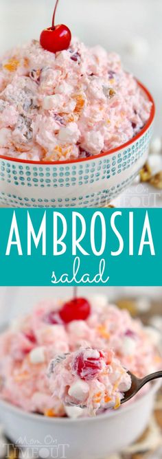 two bowls filled with food and the words ambrosia salad on top of them