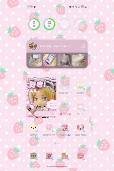 a pink wallpaper with white polka dots and anime characters on the bottom right corner