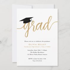 a graduation party card with the word grad in gold foil on top of it