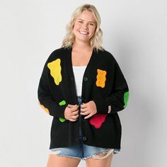 Part of the JCPenney x HARIBO limited-time collection, this loose fitting juniors plus button cardigan is perfect for layering over everything from t-shirts to button-downs. It's made from soft cotton-knit and has a v-neckline, oversized bears along the front, drop shoulders, and long sleeves.Features: Easy To RemoveClosure Type: Pullover HeadFit: Regular FitNeckline: V NeckSleeve Length: Long SleeveSleeve Style: Fitted SleeveApparel Length: 29 Inches - Back, 29.5 Inches - FrontFiber Content: 60 Button Cardigan, Cardigan Black, Sleeve Cardigan, Long Sleeve Cardigan, Cotton Knit, Black Cardigan, Cardigans For Women, Limited Time, Sweaters & Cardigans