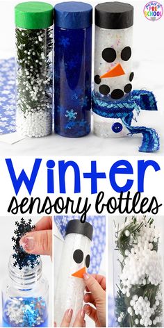 snowman bottle crafts for kids with text overlay that reads, winter sensory bottles