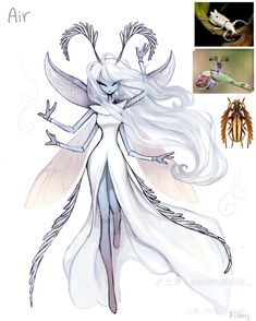 a drawing of a white fairy with long hair and two bugs on her back, one bug is in the air