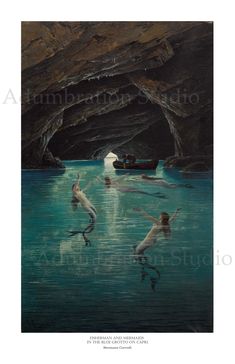 a painting of some people swimming in the water