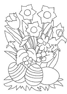 an easter basket filled with flowers and eggs coloring pages for kids, printables