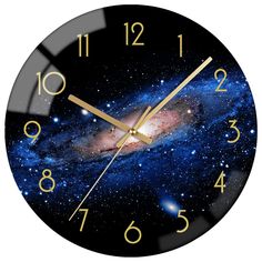 a clock that is on the side of a wall with stars and galaxy in the background