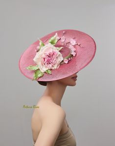 From my 2024 Collection Pretty Large Disk Sinamay hat made in Mauve/Pink tone, embellished with a pretty custom-made Silk rose in Ivory/pink/mauve Silk with crystals, green satin leaves and Vintage silk cherry blossoms. Seated on a velvet headband. All hats are hand made to order, please allow 1-2 weeks, if this is a rush order, please contact me first. All sales are final. Angeles, Fascinator Hats Diy, Crystals Green, Dressy Hats, Classy Hats, Sinamay Hat, Derby Hats Fascinators, Rose Hat, Sinamay Hats