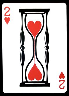 a playing card with an hour in the middle and hearts at the top on each side