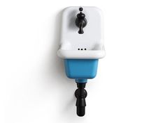 a blue and white urinal mounted to the side of a wall next to a black faucet