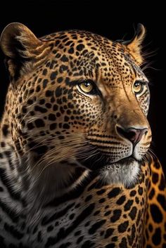 a close up of a leopard on a black background