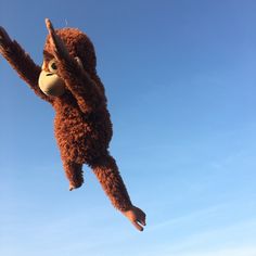 a stuffed monkey hanging in the air with its arms out and eyes wide open, against a blue sky