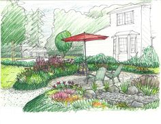 a drawing of a patio with an umbrella in the grass and flowers on the ground