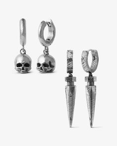 A duo that dances in metaphors of mortality, puncturing the illusion of all conformity. Wear asymmetrically or stacked on parallel piercings.
Sets include:
1 Cranium Huggie Earrings
1 Dismantle Earrings Ask And Embla, Gothic Earrings, Nail Jewelry, Huggie Earrings, Jewelry Inspo, Huggies Earrings, Earrings Set, Makeup Nails, Earring Set