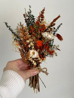 a hand holding a bouquet of dried flowers