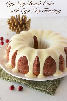 a bundt cake with egg nog frosting on a plate