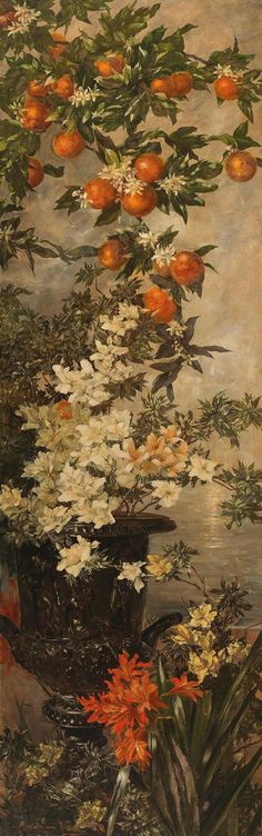 an oil painting of oranges and white flowers in a vase on a stone slab