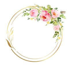 a round gold frame with pink flowers and leaves