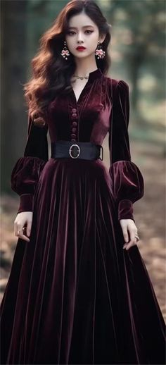 Lola: Long-sleeve Velvet V-Neck Dress – A Lark And A Lady Scarlett Darkness Clothing, Formal Witch Outfit, Womens Gothic Fashion, Wizard Inspired Outfits, Dark Academia Formal Dress, Autumn Witch Outfit, Witch Dress Aesthetic, 1920s Goth, Long Sleeve Under Dress