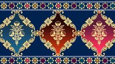 three different colored designs on a blue and red background with gold trimming around the edges