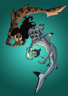 two cartoon characters, one with a shark and the other holding a fish in its mouth