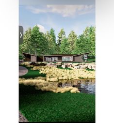 an artist's rendering of a house in the woods with water and trees around it