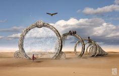 two people are standing in the middle of an open desert area with large mirrors and birds flying overhead