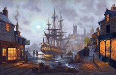 a painting of an old town with ships in the water and people walking around it