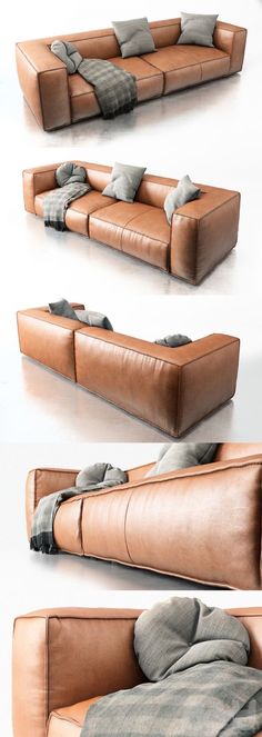 three different views of a couch with pillows and blankets on it, one is made out of