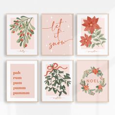 four christmas cards with the words let it snow, poins and holly wreaths