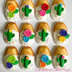 there are many decorated cookies with flowers on the top one is made to look like cacti