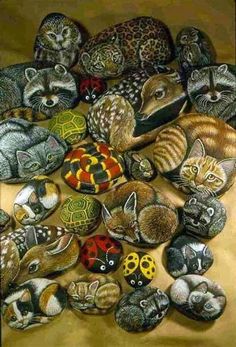 a painting of many cats laying on top of each other with different colors and sizes