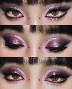 Rocky Horror Eye Makeup, Iridescent Make Up Looks, Maroon And Black Eyeshadow, Drastic Makeup Looks, Emo Barbie Makeup, Eye Shadow Inspirations, Theater Makeup Looks, Purple Goth Eye Makeup, Purple Makeup Ideas Eyeshadows