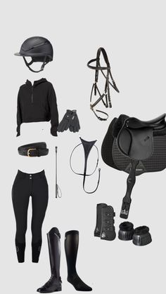 horse riding gear including boots, saddles and bridles on a white background