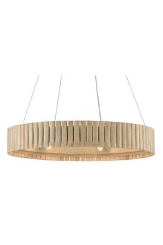 a circular light fixture with wooden strips hanging from it's center and two lights on each side