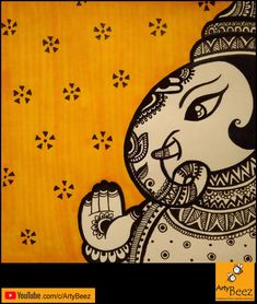 an elephant painted on the side of a yellow wall with black and white dots around it