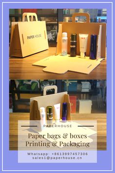 paper bags and boxes are on display in front of a store window with the words paper house printing & packaging