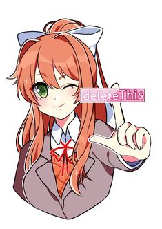 an anime character with long red hair and green eyes pointing to the side while wearing a school uniform