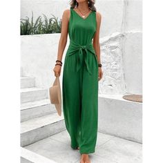 -Item Id 16567437.Html?Mallcode=1&Zeedropid=1633821 -Color: Green -Style: Casual -Pattern Type: Plain -Type: Wide Leg -Neckline: V Neck -Details: Tie Front -Sleeve Length: Sleeveless -Length: Long -Fit Type: Loose -Waist Line: High Waist -Fabric: Slight Stretch -Material: Woven Fabric -Composition: 100% Polyester -Care Instructions: Machine Wash Or Professional Dry Clean -Body: Unlined -Sheer: No **Open To Offers!!!** **Bundle To Save More** **30% Off Bundles Of 2 Or More Items!!** ***Orders Go Mode Tips, Solid Jumpsuit, Belted Romper, Modieuze Outfits, Casual Jumpsuit, Sleeveless Jumpsuits, Wide Leg Jumpsuit, Green Fashion, Free Clothes