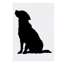 a black and white silhouette of a dog sitting in front of a white background with the shadow of it's head