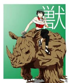 a woman sitting on top of a wooden rhinoceros with chinese characters in the background