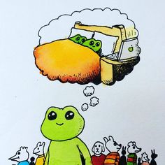 a drawing of a frog with an open laptop in the sky above it and other animals around him