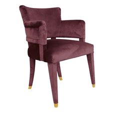 an upholstered purple chair with gold legs and arm rests on a white background