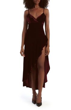 A rippling ruffled hemline adds an alluring angle to a plush velour dress hung from slim straps and rendered in a wine-soaked shade. 45" longest length Hidden back-zip closure Surplice deep V-neck Adjustable straps Partially lined 78% viscose, 22% nylon Hand wash, line dry Imported Burgundy Midi Dress, Wine Dress, Velour Dress, Designer Clothes For Men, Modern Outfits, Comfortable Dress, Toddler Girl Outfits, Autumn Fashion Women, Fashion Essentials